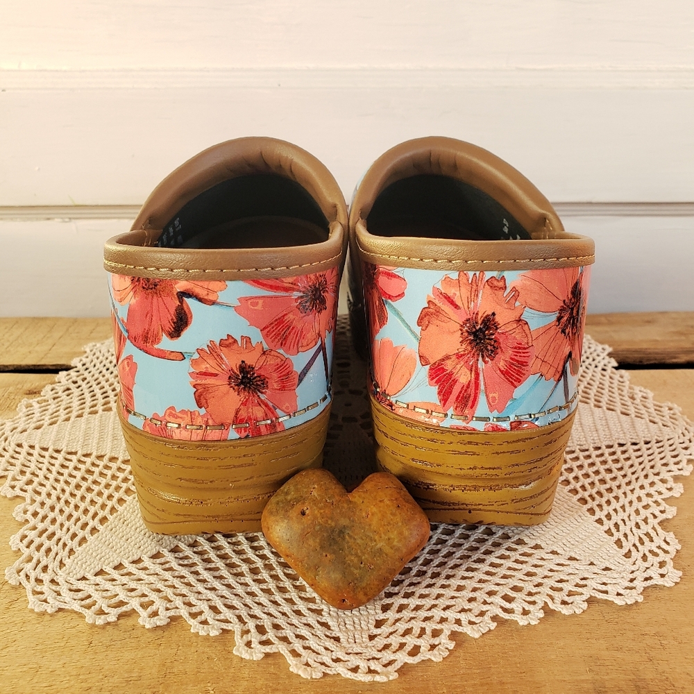 NEW*Poppies Dansko Pro Honey Clog Floral Blue Orange Patent Leather Cottage Boho - Picture 6 of 11